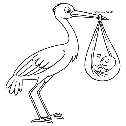 Einfache Linienzeichnung eines Storchs, der ein schlafendes Baby in einem Tuchbündel am Schnabel trägt.