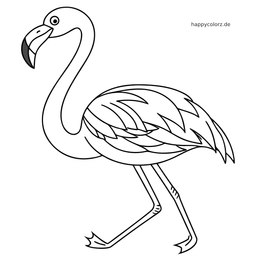 Ein Flamingo mit langem Hals, langen Beinen und geschichteten Flügelfedern als klare schwarz-weiße Konturzeichnung.