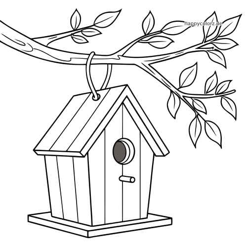 Ein einfaches Vogelhaus hängt an einem Ast mit Blättern und ist mit klaren schwarzen Umrissen und wenig Details gezeichnet.