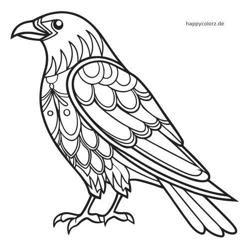 Schwarz-weiße Seitenansicht eines einfachen Zentangle-Raben mit großem Schnabel und gemusterten, geschichteten Federn.