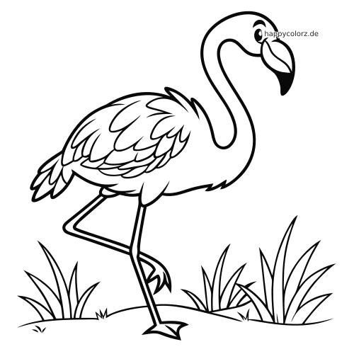 Ein Flamingo im Comicstil steht auf einem Bein im Gras, als schwarz-weiße Zeichnung zum Ausmalen.