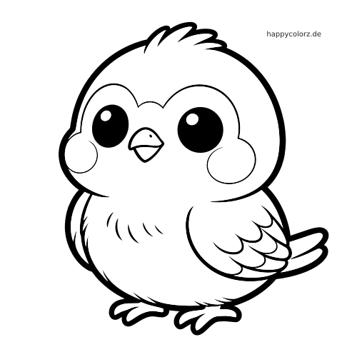 Ein niedlicher Kawaii-Vogel mit sehr großen Augen, runden Wangen, kleinem Schnabel und flauschigem Gefieder als Schwarz-Weiß-Zeichnung.