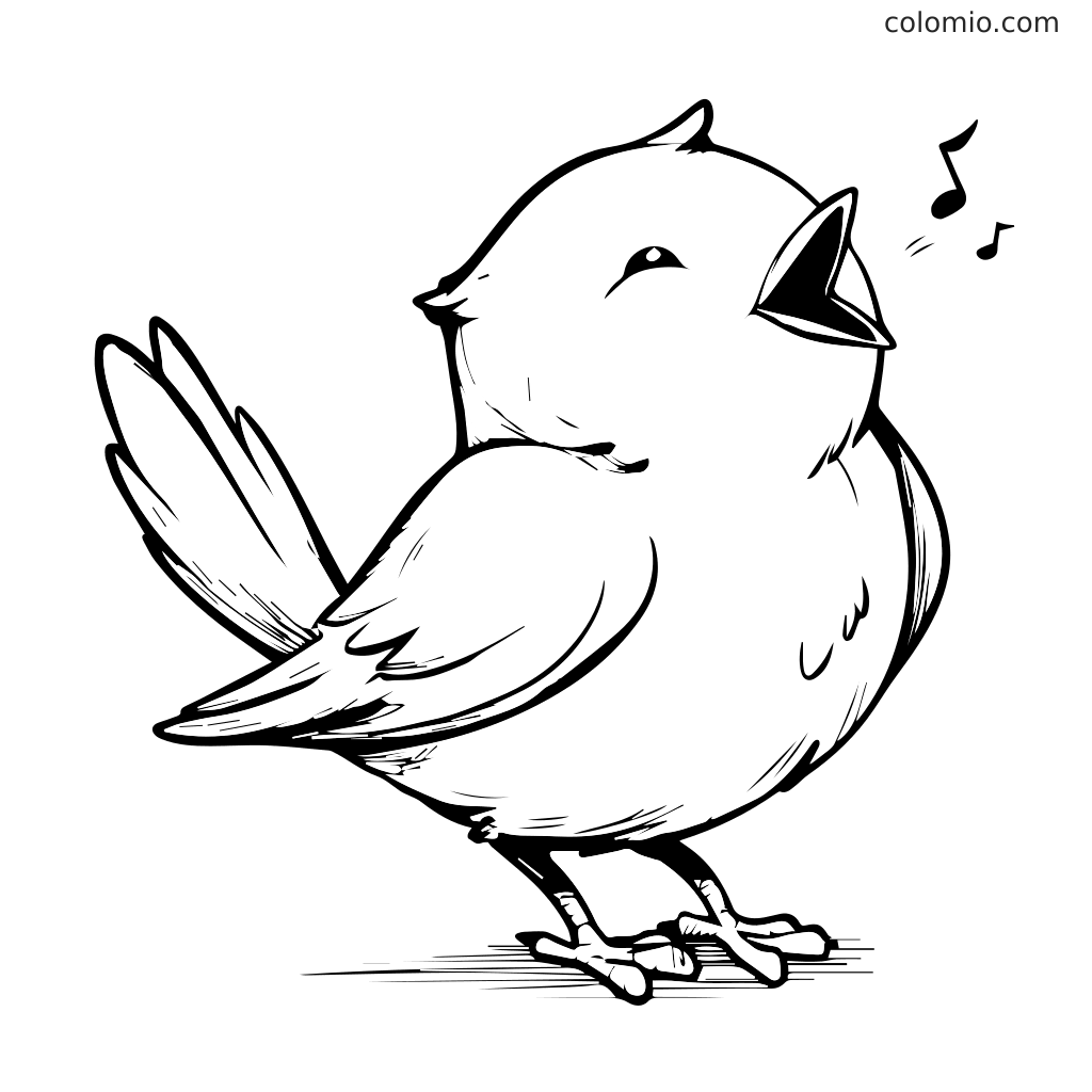 Ein niedlicher Cartoon-Vogel singt mit Musiknoten, ideal für Malaktivitäten.