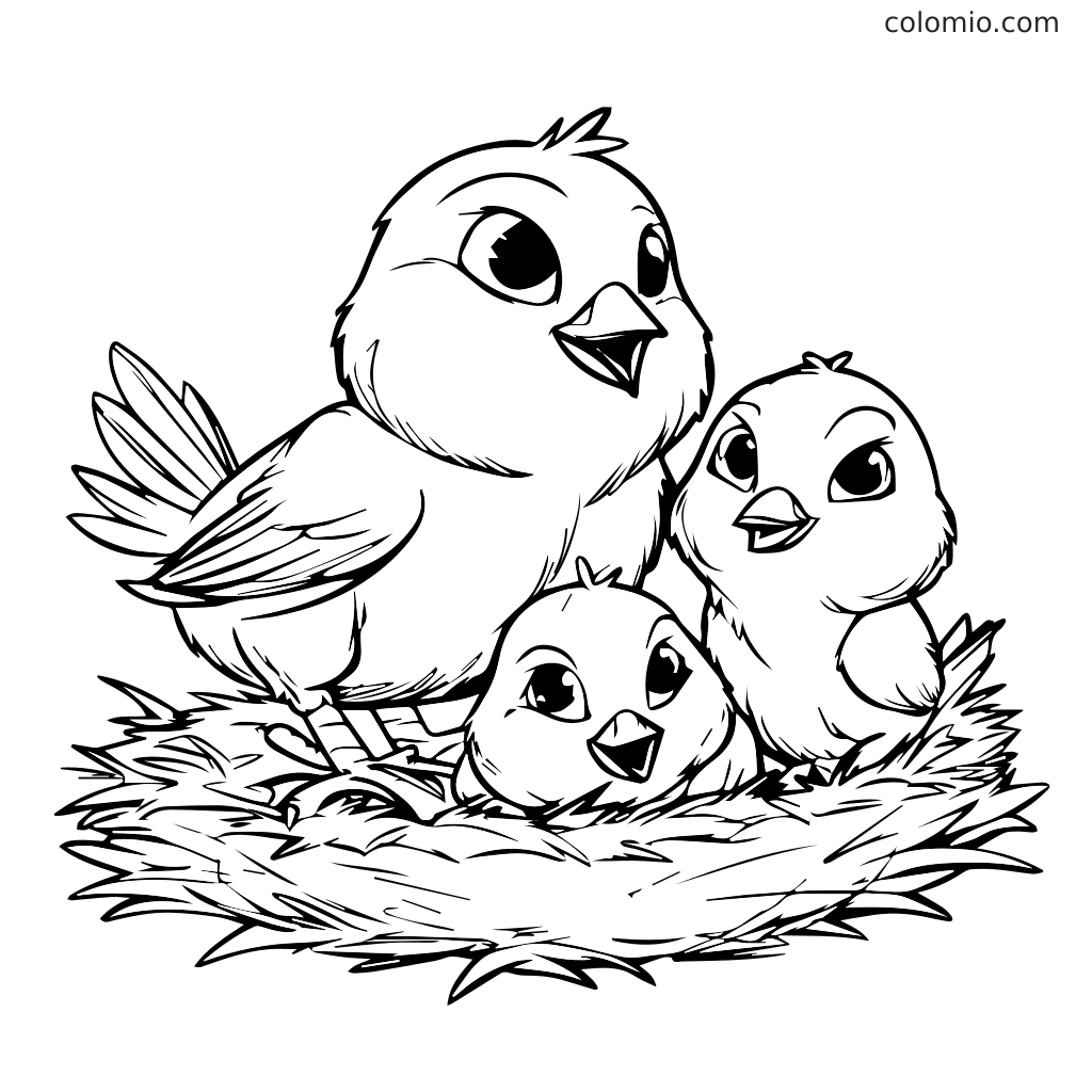 Eine Malvorlage mit einer Muttervogel und zwei Küken in einem Nest, bereit zum Ausmalen.