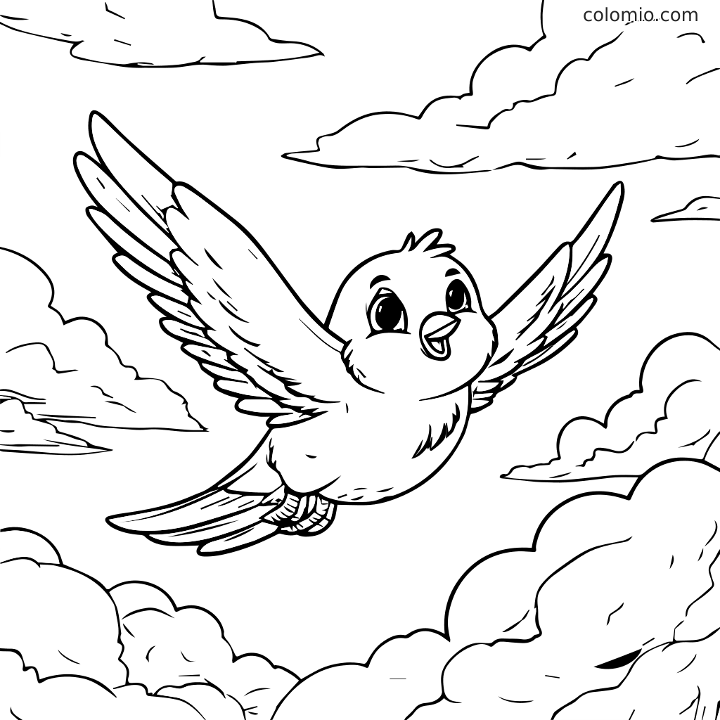 Ein fröhlicher Vogel mit ausgebreiteten Flügeln fliegt am Himmel, umgeben von fluffigen Wolken, bereit zum Ausmalen.