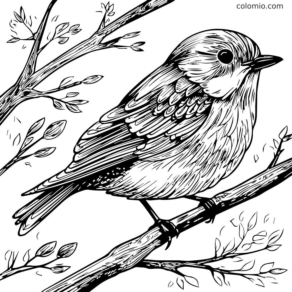 Eine detaillierte Schwarz-Weiß-Illustration eines Vogels (Sperling /Singvogel), der auf einem Ast mit Blättern sitzt, perfekt zum Ausmalen.