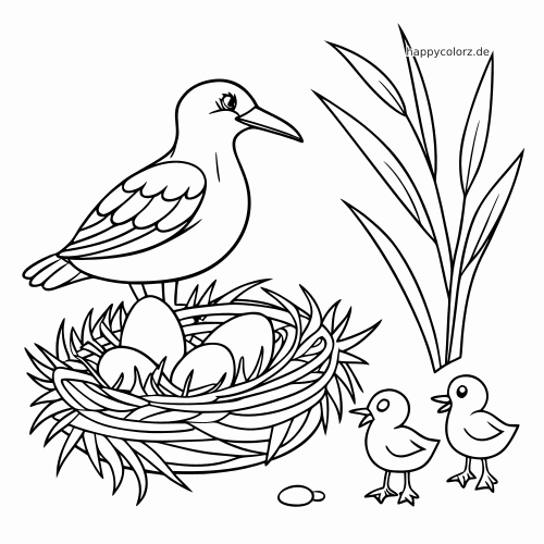 Ein Vogel steht neben einem Nest mit mehreren Eiern, zwei Küken daneben und hohen Blättern im Hintergrund.