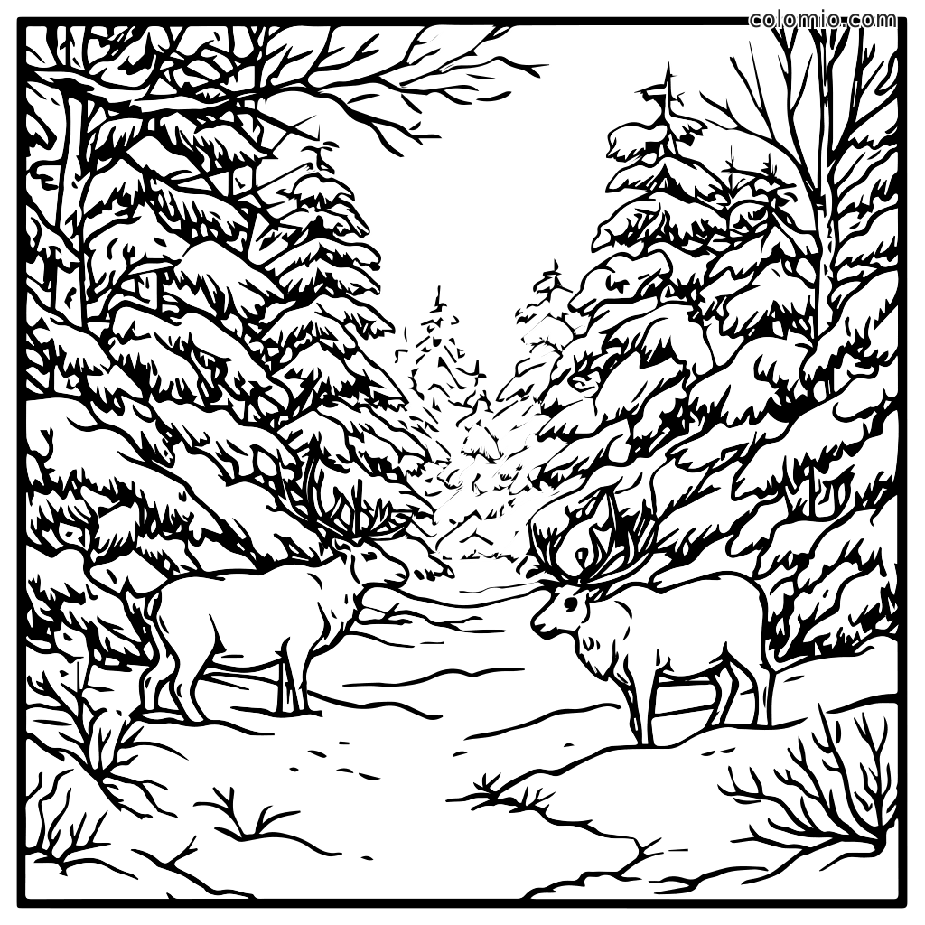 Eine detaillierte Ausmalseite mit zwei Rentieren in einem verschneiten Wald, umgeben von hohen Bäumen.