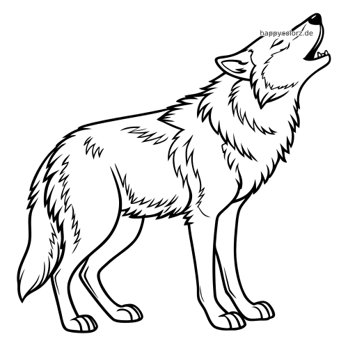 Schwarz-weiße Umrisszeichnung von dem bösen Wolf mit erhobenem Kopf und struppigem Fell, der nach oben heult.