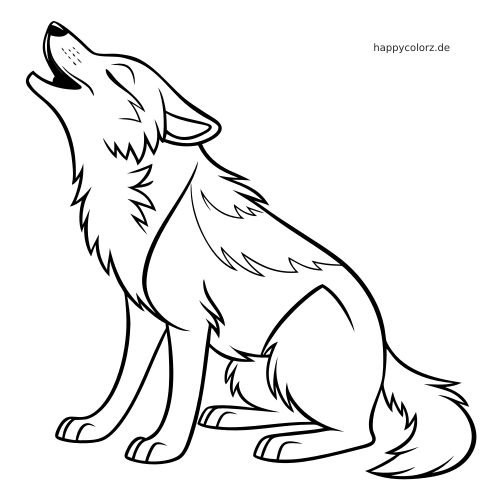 Schwarz-weiße Linienzeichnung eines sitzenden Wolfswelpen in Seitenansicht, der den Kopf hebt und nach oben heult.