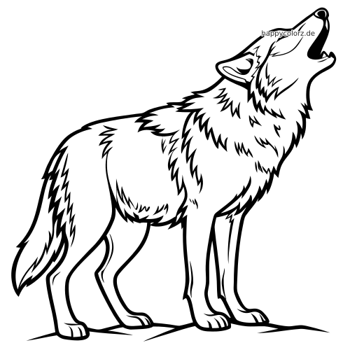 Ein detaillierter Wolf in Seitenansicht als Linienzeichnung, mit zotteligem Fell, kräftigen Konturen und nach oben erhobenem Kopf beim Heulen.