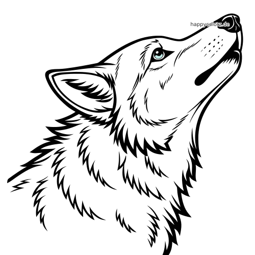 Detailreiche Linienzeichnung eines Wolfskopfs im Seitenprofil mit blauen Augen, dichtem Fell und nach oben gerichteter Schnauze.