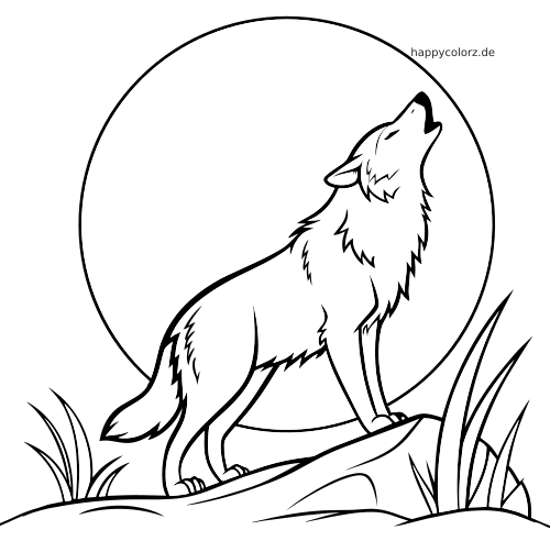 Ein Wolf steht auf einem Felsen und heult den großen Vollmond an, mit Grasbüscheln auf beiden Seiten.