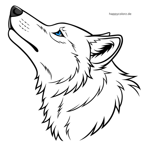 Ein einfaches Linienbild eines Wolfskopfs im Seitenprofil mit nach oben erhobener Schnauze und einem blauen Auge.