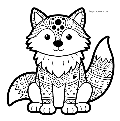 Ein sitzender Wolf mit großen Augen und einfachen Zentangle-Mustern auf Kopf, Körper und Schwanz in Schwarz-Weiß.