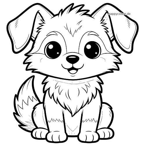 Ein flauschiger Kawaii-Wolf in Vorderansicht mit großen Augen, großen Ohren und detailliertem Fell als Cartoon-Linienzeichnung.