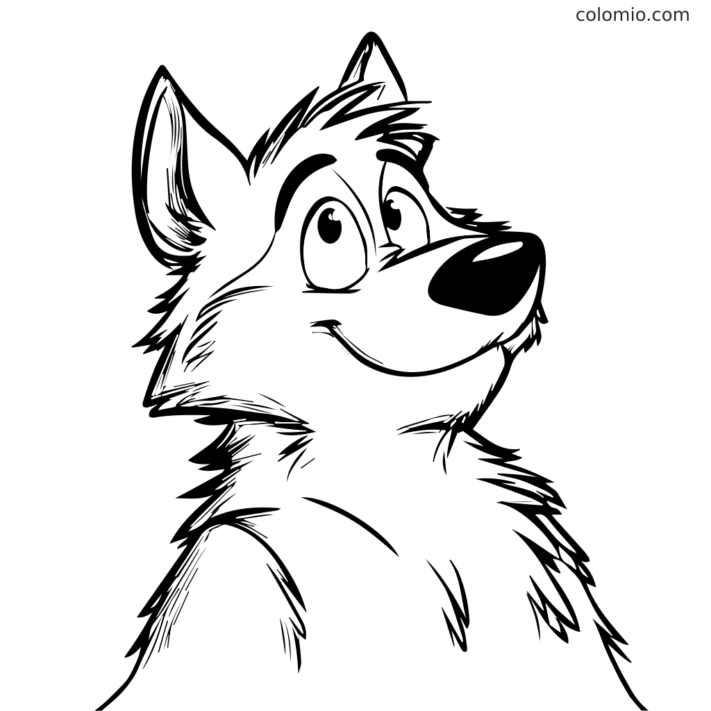 Ein fröhlicher Cartoon-Wolf mit flauschigem Fell und großen Augen, perfekt zum Ausmalen.