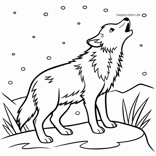 Schwarz-weißes Ausmalbild mit einem heulenden Wolf im Schnee, mit fallenden Schneeflocken und einfachen Hügeln im Hintergrund.
