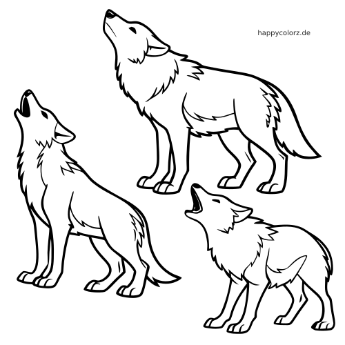 Schwarz-weiße Konturzeichnung von drei heulenden Wölfen in einem Wolfsrudel, mit einem großen und zwei kleineren Wölfen.