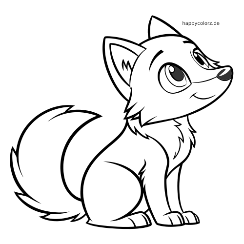 Ein kawaii gezeichneter Wolf sitzt in Seitenansicht mit buschigem Schwanz, großen Augen und klaren Cartoon-Konturen.