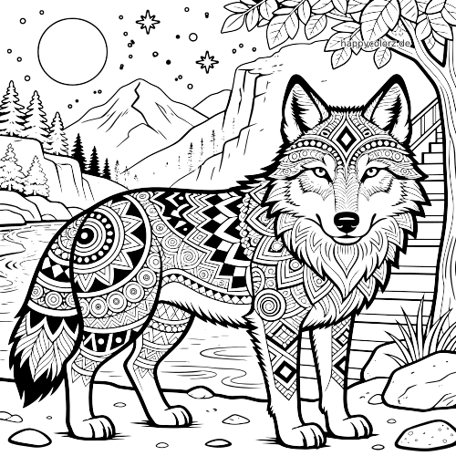 Ein detailreicher Zentangle-Wolf steht an einem Fluss in einer Berglandschaft mit Bäumen, Sternen und großem Mond.