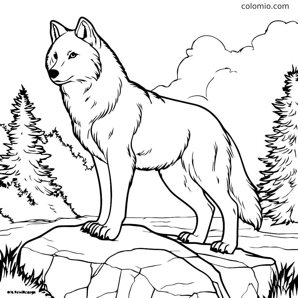 Eine detaillierte Umrisszeichnung eines majestätischen Wolfs, der auf einem Felsen steht, umgeben von Bäumen und Wolken, perfekt zum Ausmalen.