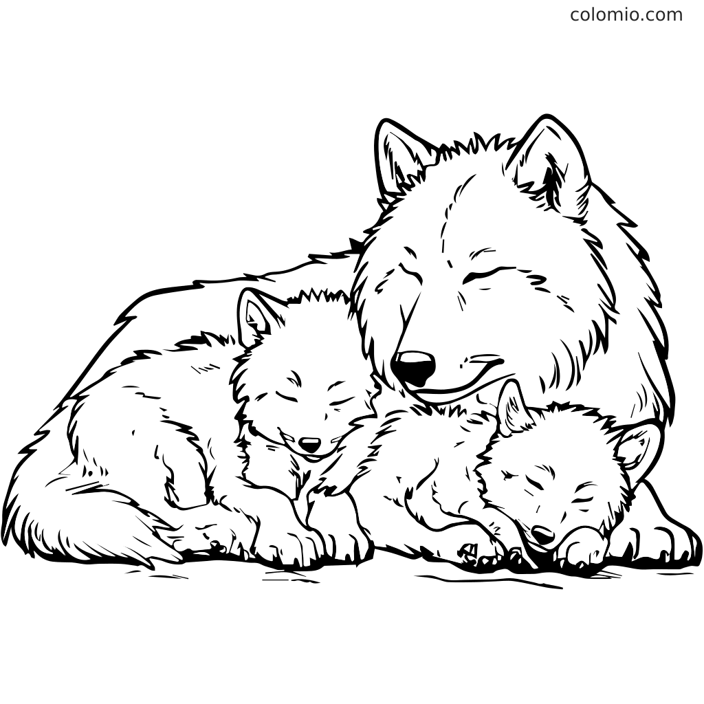 Eine Wolfsmutter, die mit ihren zwei schlafenden Welpen kuschelt, perfekt zum Ausmalen.
