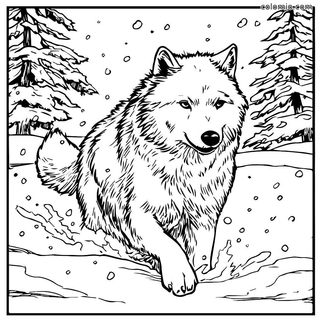 Eine detaillierte Schwarz-Weiß-Malvorlage eines Wolfs, der in einer verschneiten Landschaft mit Bäumen im Hintergrund läuft.