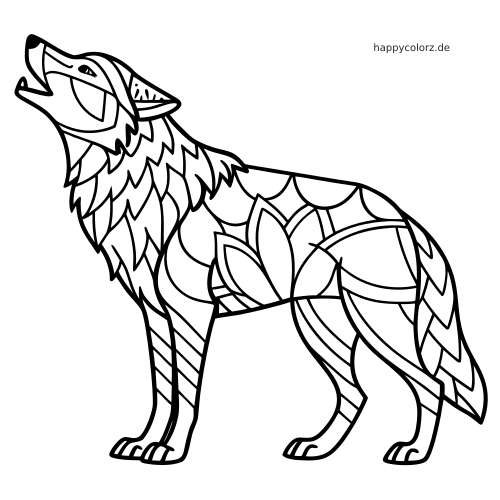Schwarz-weißes Zentangle-Ausmalbild eines stehenden, heulenden Wolfs mit geschichteten Fellformen und blattartigen Mustern am Körper.