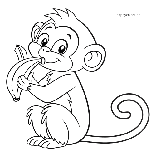 Ein Cartoon-Affe sitzt und umarmt eine geschälte Banane. Er hat einen eingerollten Schwanz und klare, dicke Konturen.
