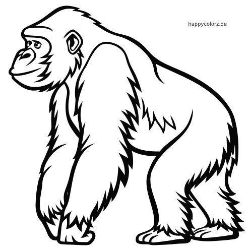 Ein schwarz-weißer Cartoon-Gorilla ist von der Seite zu sehen und blickt über seine Schulter zurück, mit kräftigen, felligen Konturen.