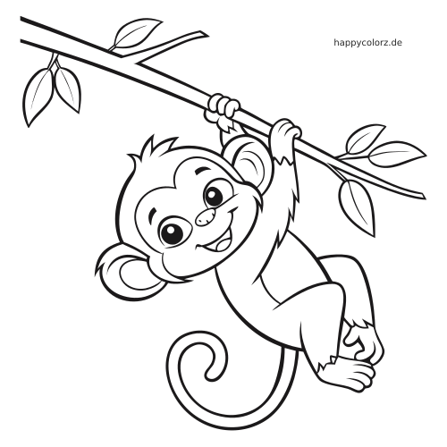 Ein kleines Cartoon-Äffchen hängt mit einer Hand an einer Liane, lächelt und hat große Augen sowie einen eingerollten Schwanz.