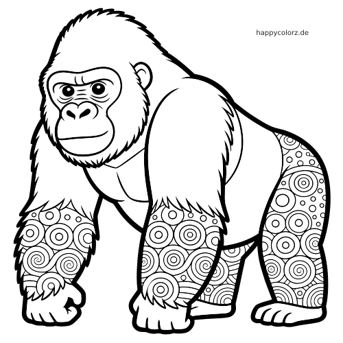 Schwarz-weißes Ausmalbild eines Gorillas in seitlicher Ansicht mit Zentangle-Spiralmustern an Beinen und Körper.
