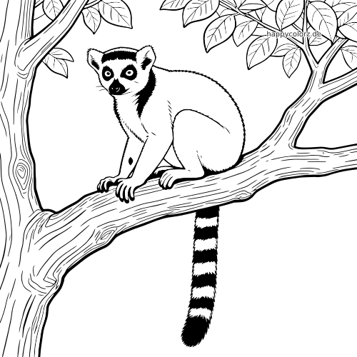 Schwarz-weiße Linienzeichnung eines Kattas, der auf einem dicken Ast sitzt, mit Blättern im Baum und langem geringeltem Schwanz.