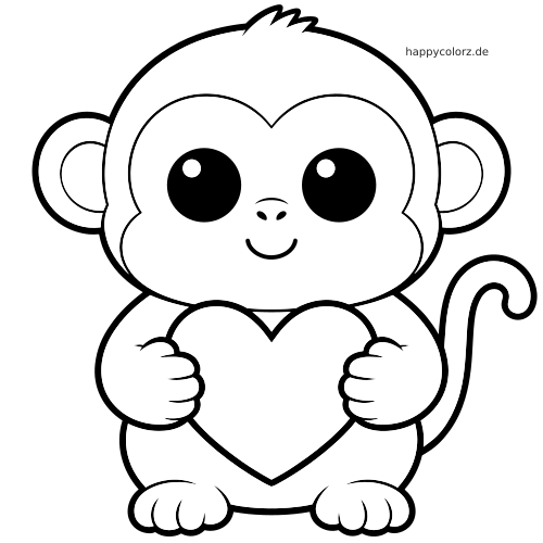 Ein kleiner Affe im Kawaii-Stil sitzt mit großen Augen da und hält ein großes Herz in den Händen als schwarze Umrisszeichnung.