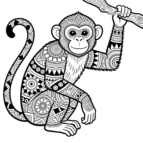 Ein Affe hängt an einem Ast und ist mit komplexen Zentangle-Mustern sowie kräftigen schwarzen Konturen gestaltet.