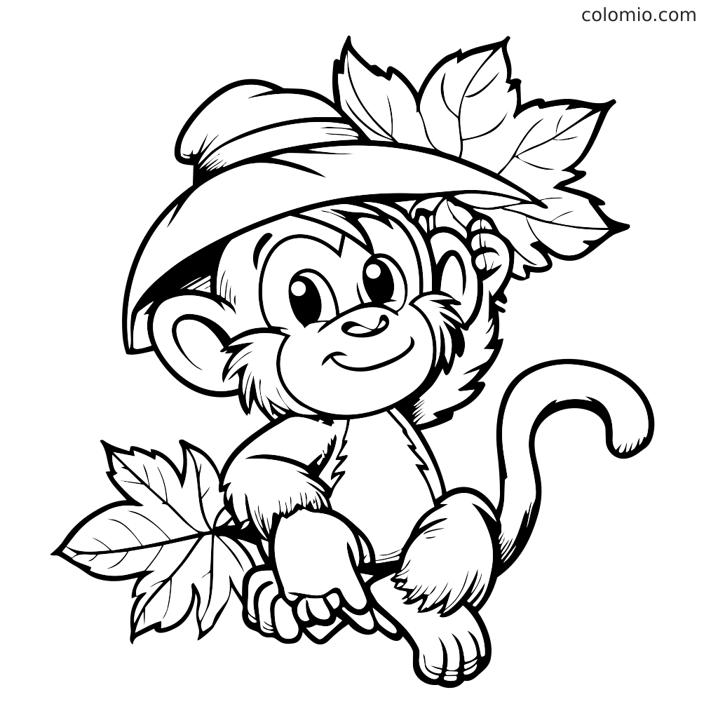 Ein verspielter Affe mit einem Hut, der Blätter hält, perfekt zum Ausmalen.