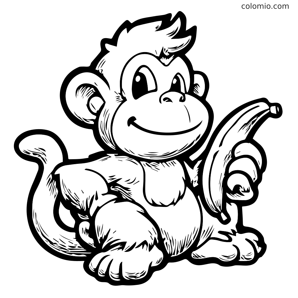 Niedlicher Affe mit einer Banane Malvorlage für Kinder Ein fröhlicher Cartoon-Affe, der sitzt und eine Banane hält, perfekt für Malaktivitäten.