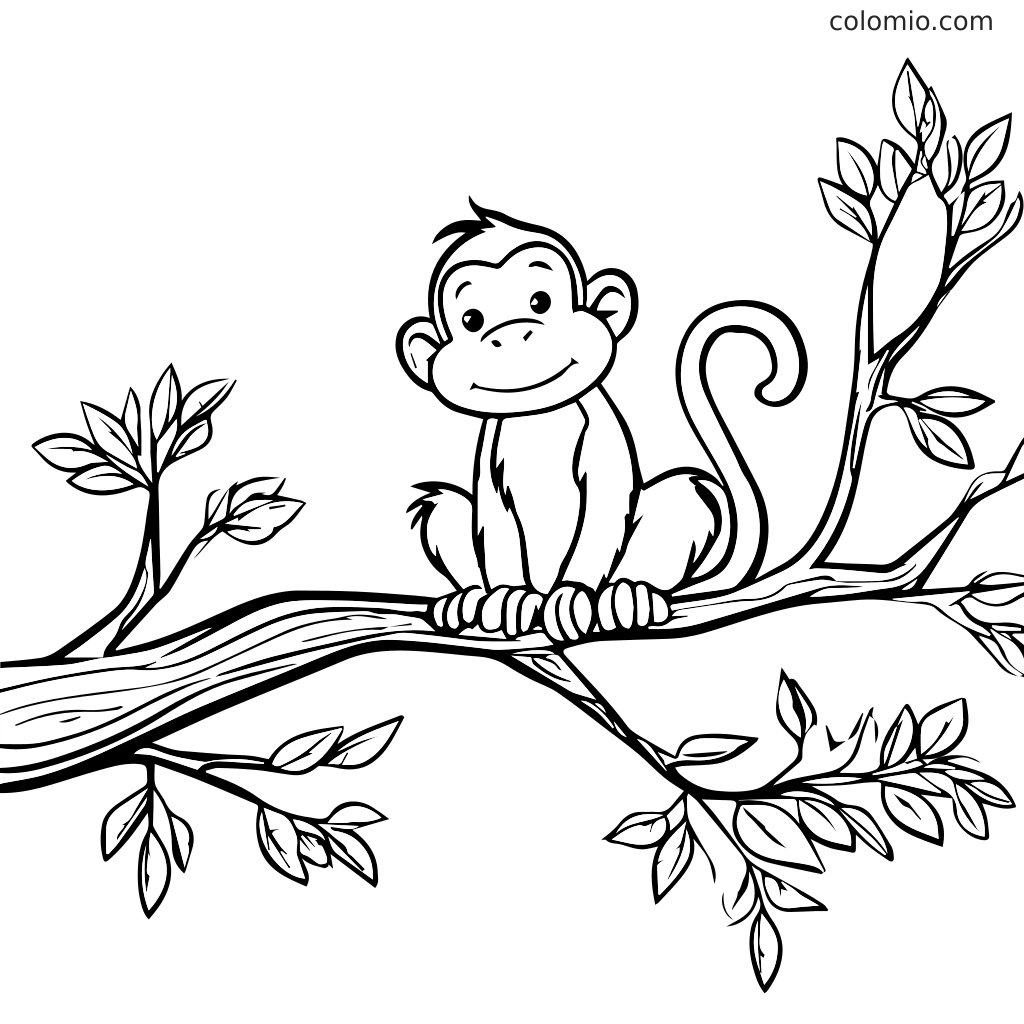 Ein verspielter Affe sitzt auf einem Baumast, umgeben von Blättern, zum Ausmalen.