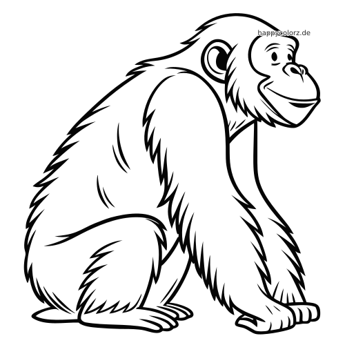 Ein sitzender Orang-Utan im Cartoon-Stil in Seitenansicht, mit zotteligem Fell, lächelndem Gesicht und klaren Konturen.