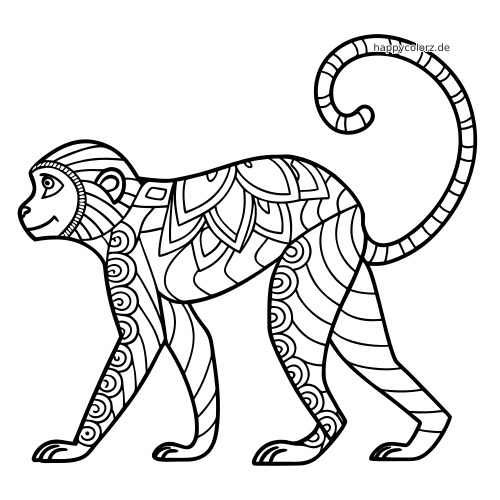 Ein Affe in Seitenansicht mit eingerolltem Schwanz und großen Zentangle-Mustern auf Körper, Beinen und Kopf.