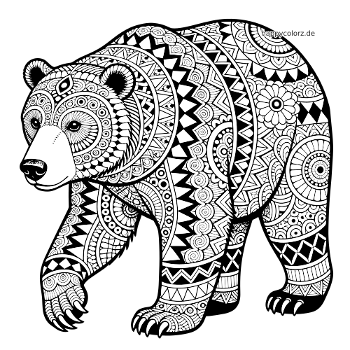 Schwarz-weiße Illustration eines Bären, dessen Körper mit komplexen Zentangle-Mustern, Kreisen, Zickzacklinien und Blumenformen gefüllt ist.