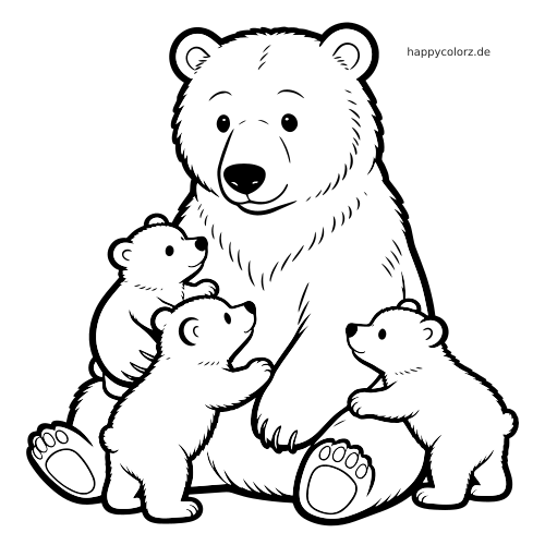 Eine Bärenmutter sitzt in einer einfachen schwarz-weißen Linienzeichnung mit drei Bärenjungen um sich herum.