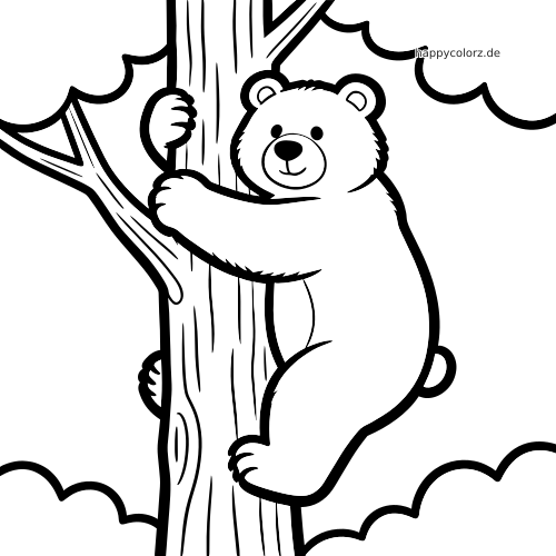 Ein Bär im Cartoon-Stil klammert sich an einen Baumstamm, mit einfachen Wolkenformen im Hintergrund.