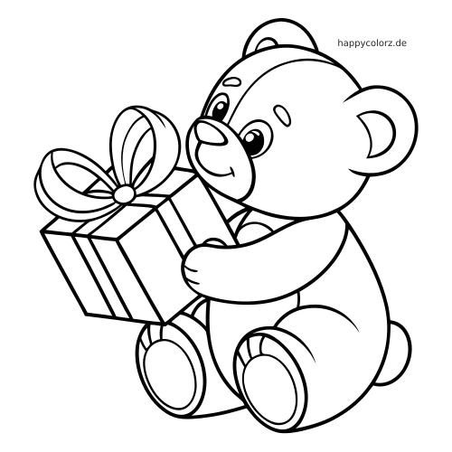 Ein sitzender Teddybär hält eine Geschenkbox mit großer Schleife in den Armen, gezeichnet als einfache Cartoon-Kontur.