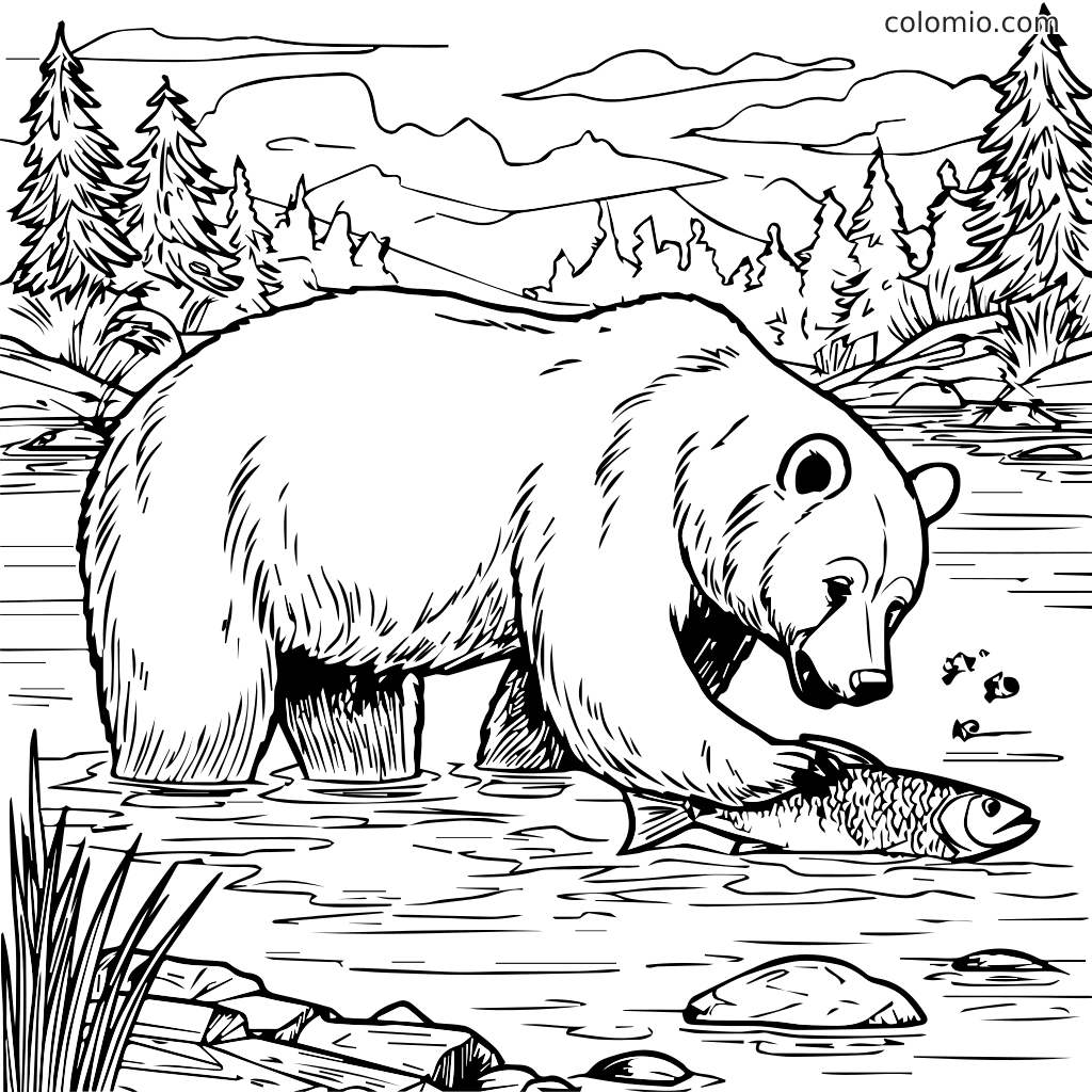 Ein Bär fängt einen Fisch in einem Fluss, umgeben von Bäumen und Bergen, perfekt zum Ausmalen.