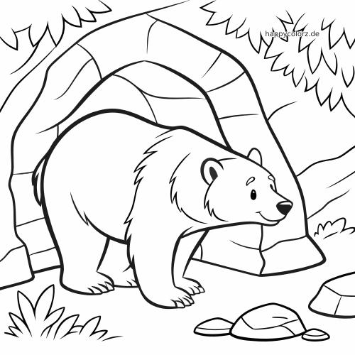 Ein Bär steht vor einer großen Höhle im Wald, umgeben von Felsen, Bäumen und Pflanzen in klaren schwarzen Umrissen.