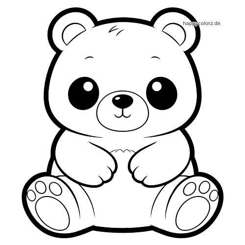 Ein Chibi-Kawaii-Bär sitzt von vorn gesehen mit großen runden Augen, kleinen Pfoten und sichtbaren Tatzenballen im einfachen Comicstil.