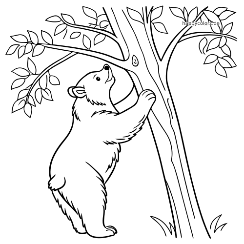 Ein detailreicher Bär in Schwarz-Weiß klettert an einem Baumstamm nach oben, umgeben von Ästen und Blättern.