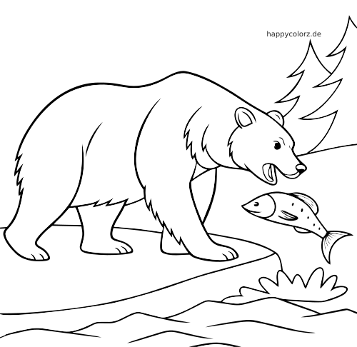 Einfache Linienzeichnung eines Grizzlybären am Flussufer, der nach einem Lachs greift, mit Tannen im Hintergrund.